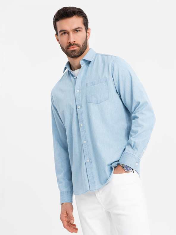 Ombre Clothing Cămașă bărbătească din denim cu buzunar brodat - albastru deschis Îmbrăcăminte Ombre