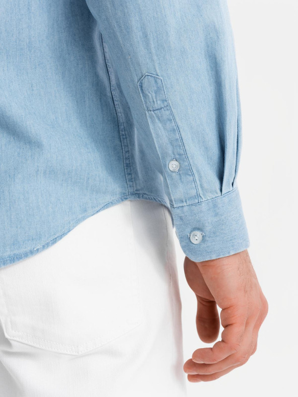 Ombre Clothing Cămașă bărbătească din denim cu buzunar brodat - albastru deschis Îmbrăcăminte Ombre