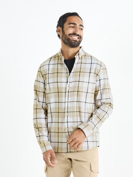 Celio Cămașă bărbătească în carouri albă și bej Celio