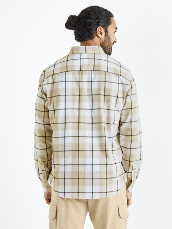 Celio Cămașă bărbătească în carouri albă și bej Celio