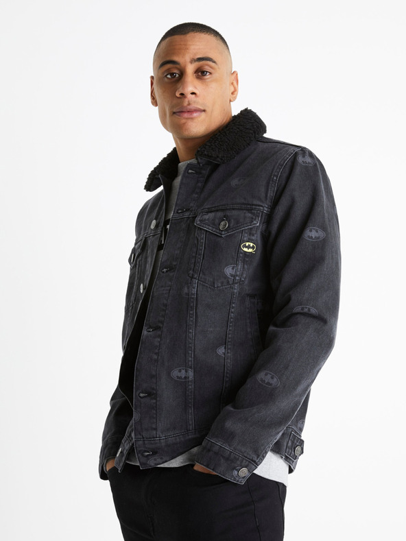 Celio Jachetă din denim neagră pentru bărbați cu blană artificială Celio Batman