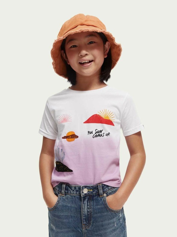 Scotch & Soda Tricou pentru fete cu imprimeu alb și roz Scotch & Soda