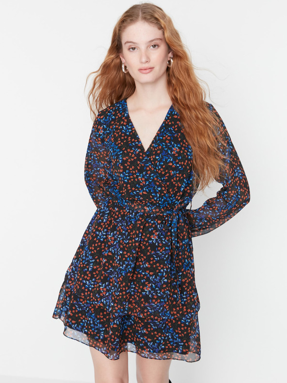 Trendyol Rochie cu flori pentru femei, albastră și neagră, cu cravată Trendyol