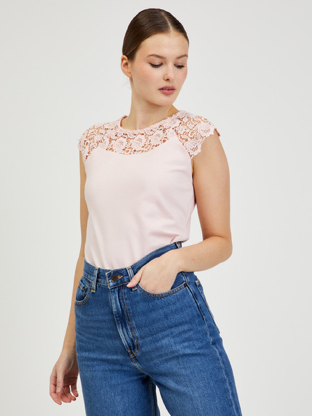 Orsay Tricou de damă roz deschis cu dantelă ORSAY