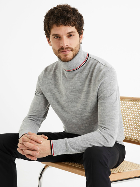 Celio Pulover bărbătesc gri cu guler înalt din amestec de lână Celio Deblack