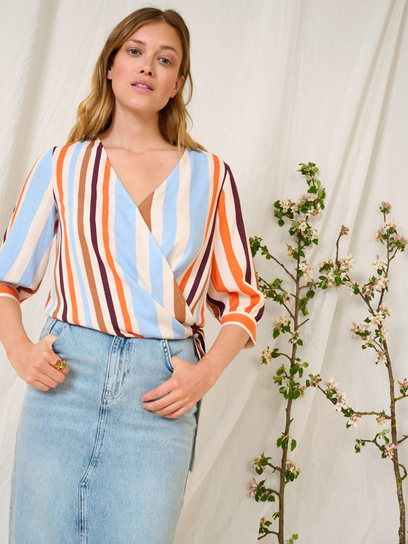 Orsay Bluză wrap cu dungi albastre-portocalii cu mâneci trei sferturi O