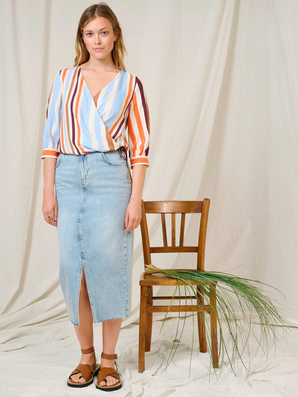 Orsay Bluză wrap cu dungi albastre-portocalii cu mâneci trei sferturi O