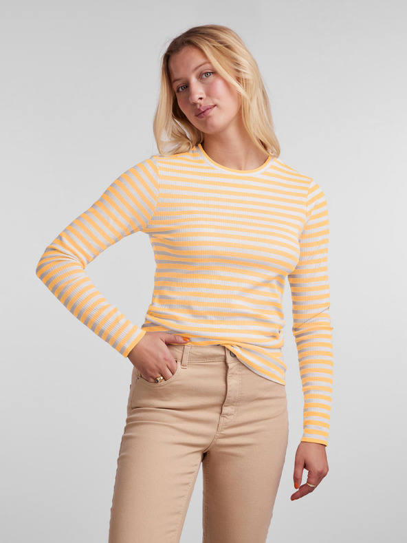 Pieces Tricou cu mânecă lungă de bază cu dungi pentru femei, galben Pieces Hand