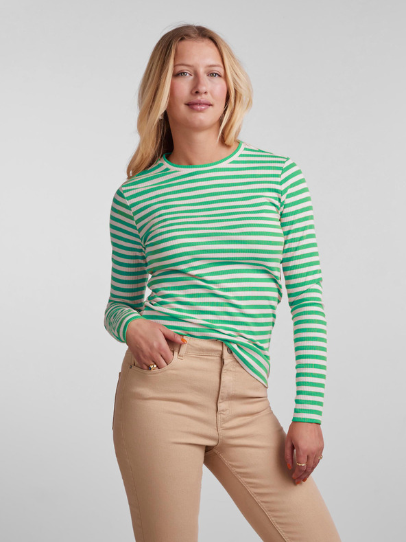 Pieces Tricou de bază cu mânecă lungă, dungat, verde, pentru femei Pieces Hand