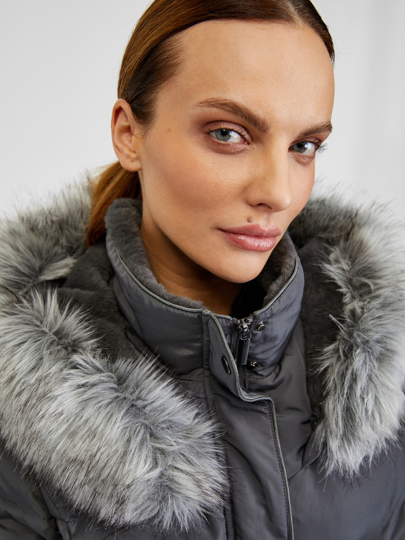 Orsay Jachetă de iarnă matlasată de damă gri închis cu curea ORSAY