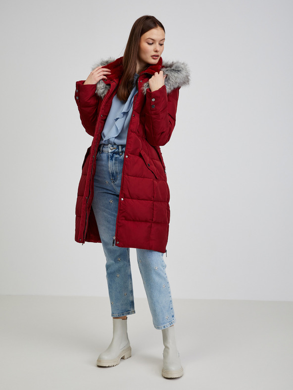 Orsay Palton de iarnă de puf de damă vișinie cu glugă și blană artificială ORSAY