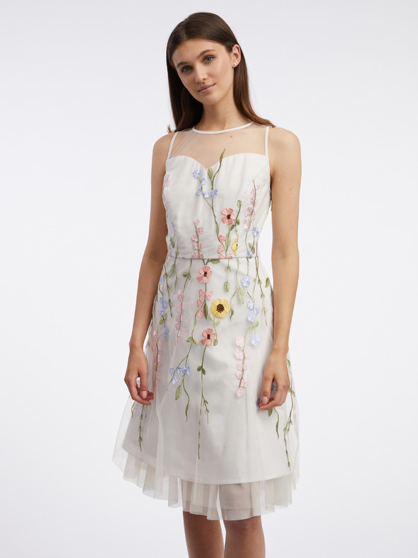 Orsay Rochie albă de damă cu flori până la genunchi ORSAY