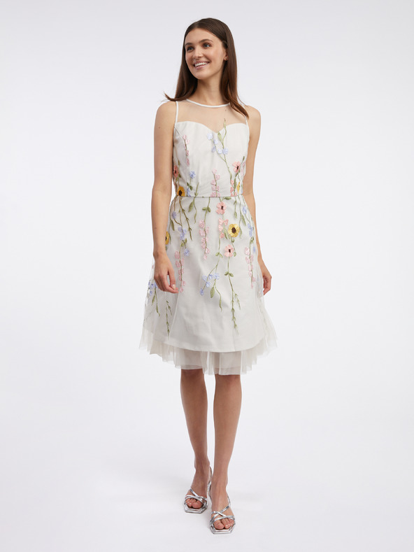 Orsay Rochie albă de damă cu flori până la genunchi ORSAY