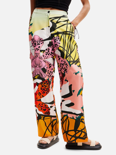 Desigual Pantaloni din mătase cu model galben și roz pentru femei Desigual Ericeira Lacroix
