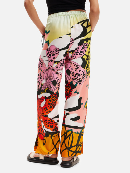Desigual Pantaloni din mătase cu model galben și roz pentru femei Desigual Ericeira Lacroix