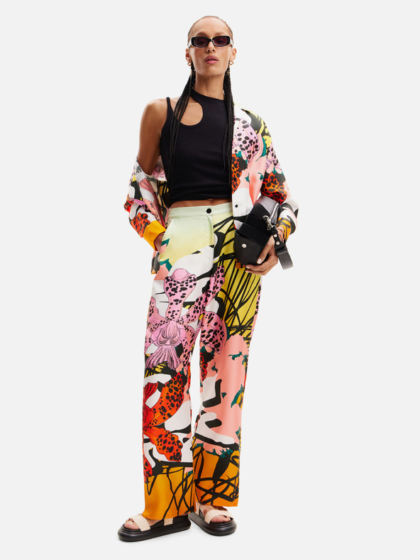 Desigual Pantaloni din mătase cu model galben și roz pentru femei Desigual Ericeira Lacroix