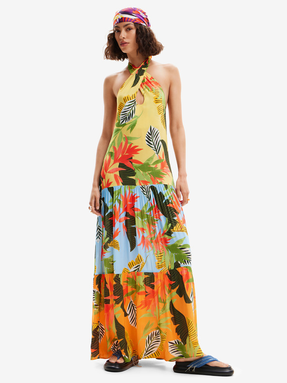 Desigual Rochie de plajă galbenă cu flori pentru femei Maxi Desigual Tropi