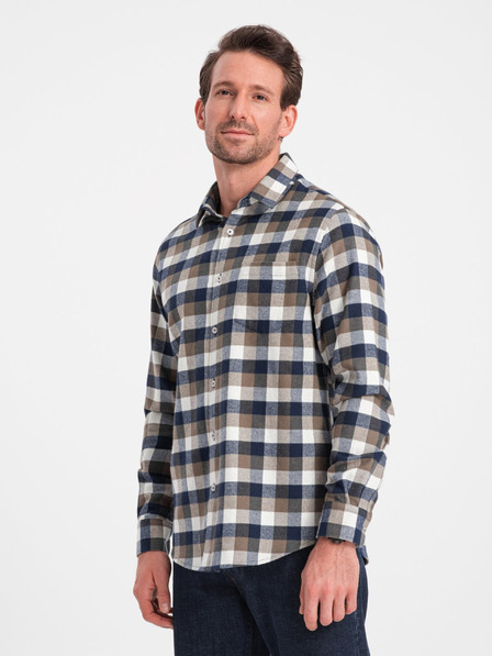 Ombre Clothing Cămașă de flanelă în carouri maro și albastru pentru bărbați by Ombre Clothing