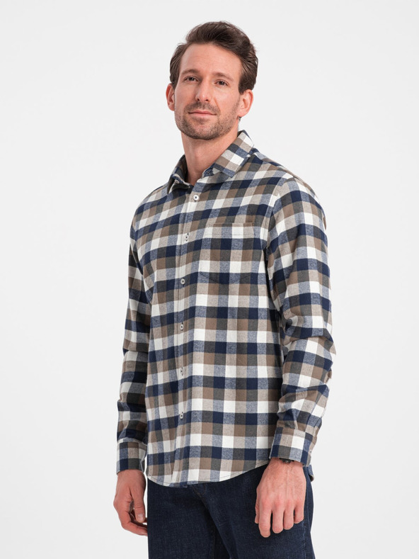 Ombre Clothing Cămașă de flanelă în carouri maro și albastru pentru bărbați by Ombre Clothing