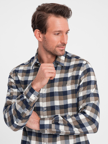 Ombre Clothing Cămașă de flanelă în carouri maro și albastru pentru bărbați by Ombre Clothing