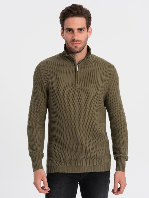 Ombre Clothing Pulover cu guler pentru bărbați kaki Ombre Clothing