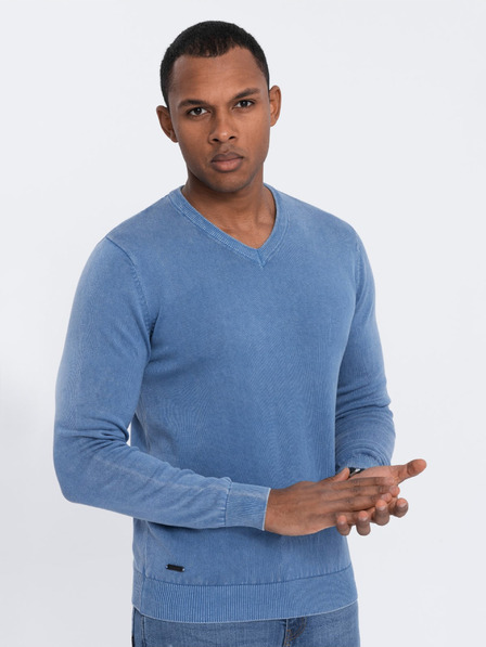 Ombre Clothing Pulover basic cu decolteu în V albastru pentru bărbați Ombre Clothing