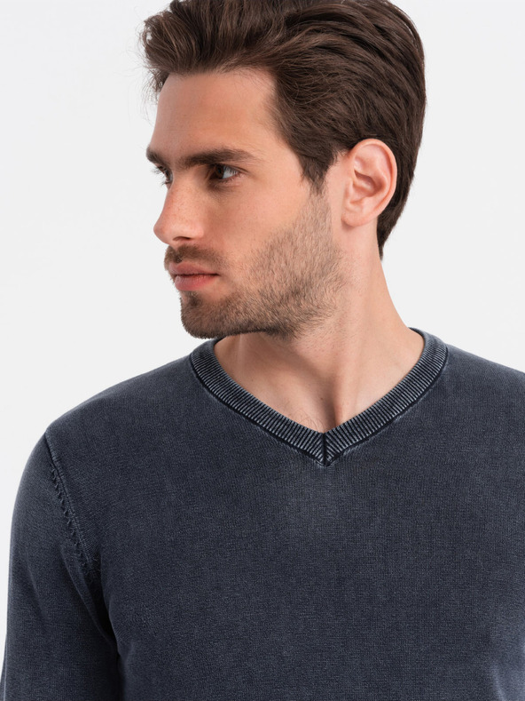 Ombre Clothing Pulover basic albastru închis cu guler în V pentru bărbați Ombre Clothing