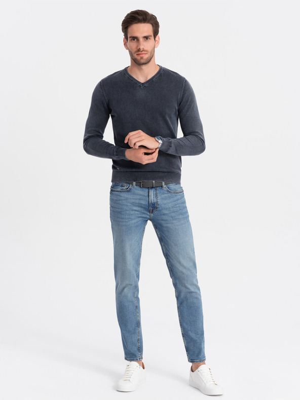 Ombre Clothing Pulover basic albastru închis cu guler în V pentru bărbați Ombre Clothing