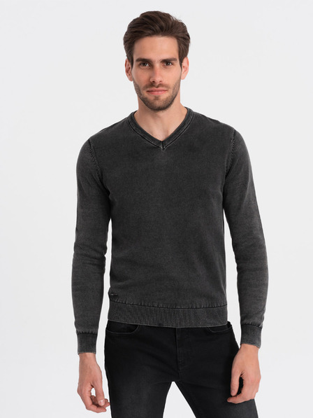 Ombre Clothing Pulover basic negru cu guler în V pentru bărbați Ombre Clothing