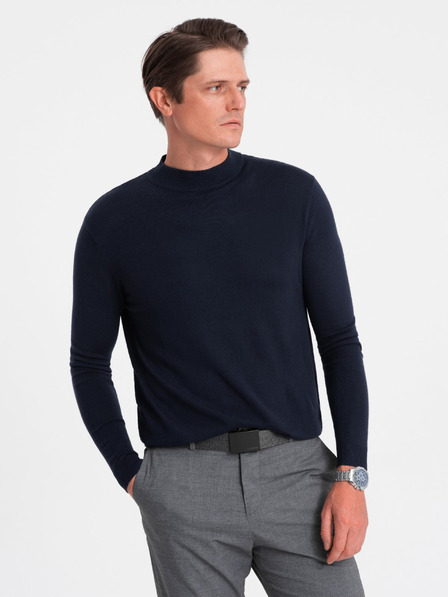 Ombre Clothing Pulover basic albastru închis pentru bărbați cu guler ridicat Ombre Clothing