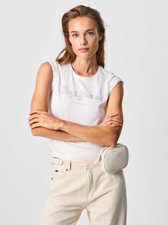 Pepe Jeans Tricou alb pentru femei cu pietre prețioase Pepe Jeans Beatrice