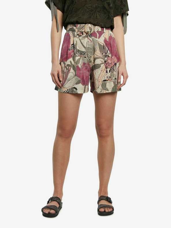 Desigual Pantaloni scurți kaki cu model tropical colorat Pant Etnican