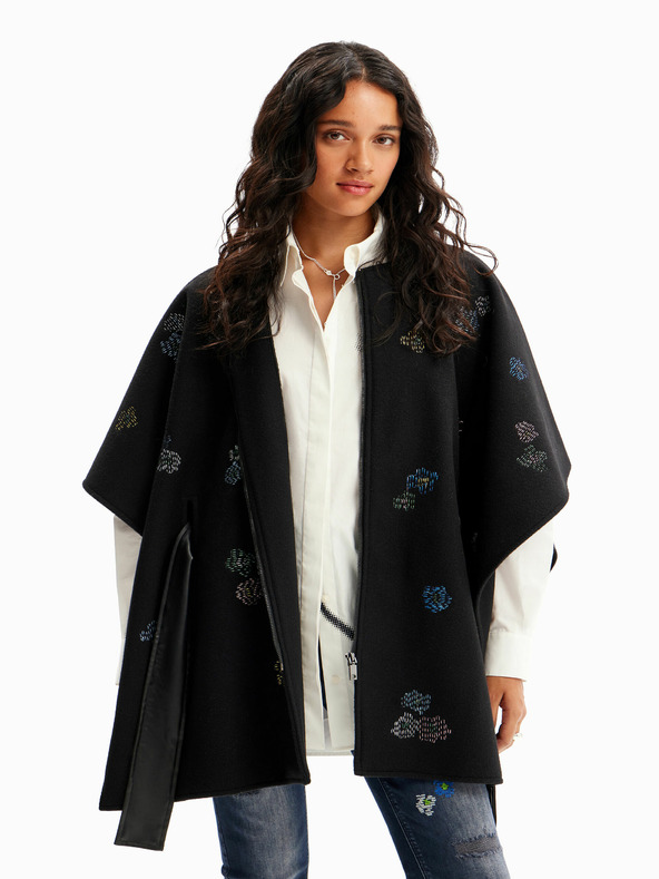 Desigual Poncho negru de damă cu model Desigual Threadflor Milan