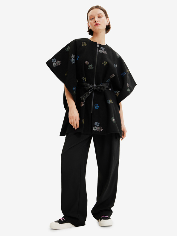 Desigual Poncho negru de damă cu model Desigual Threadflor Milan