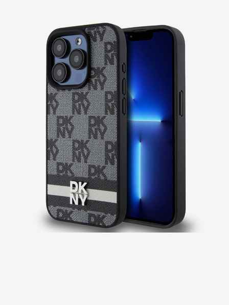 DKNY PU piele Checkered Model și Stripe Back Cover pentru iPhone 15 Pro negru DKNY