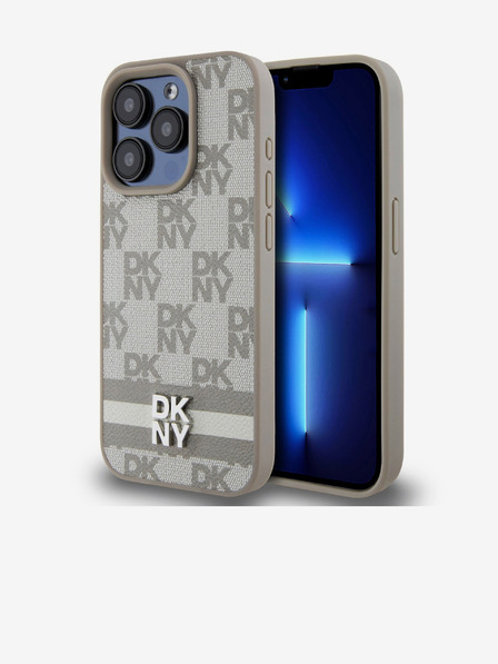 DKNY Husă spate din piele PU cu model în carouri și dungi pentru iPhone 14 Pro bej DKNY