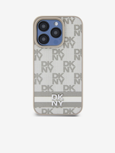DKNY Husă spate din piele PU cu model în carouri și dungi pentru iPhone 14 Pro bej DKNY