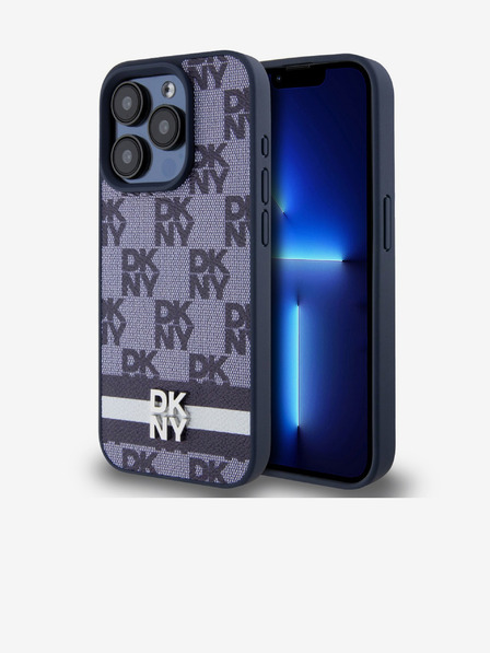 DKNY PU Leather Checkered Pattern și Stripe Back Cover pentru iPhone 15 Pro Max albastru DKNY