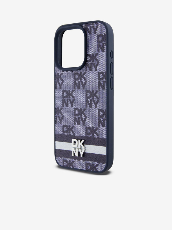 DKNY PU Leather Checkered Pattern și Stripe Back Cover pentru iPhone 15 Pro Max albastru DKNY