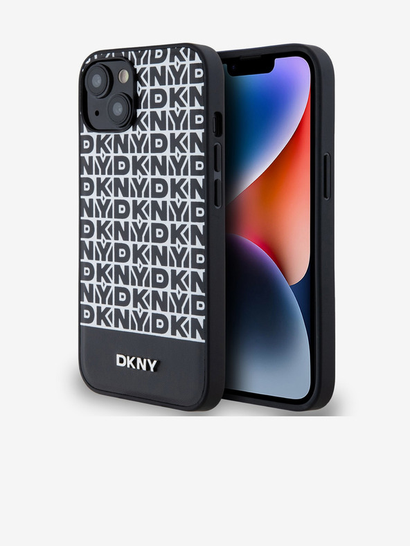 DKNY PU Leather Repeat Pattern Bottom Stripe MagSafe Back Cover pentru iPhone 14 negru DKNY