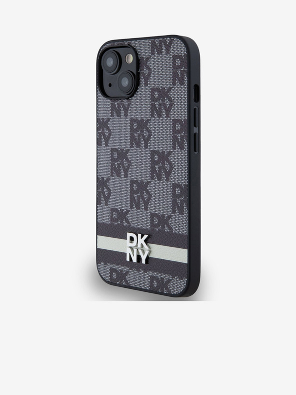 DKNY PU Leather Checkered Pattern și Stripe Back Cover pentru iPhone 14 negru DKNY