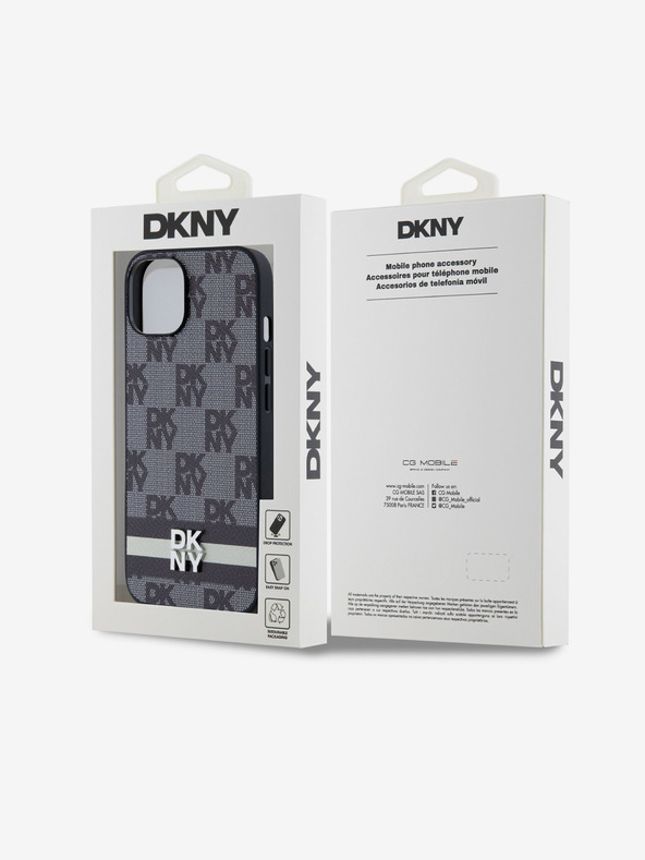 DKNY PU Leather Checkered Pattern și Stripe Back Cover pentru iPhone 14 negru DKNY
