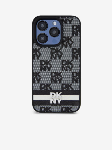 DKNY PU piele Checkered Model și Stripe Back Cover pentru iPhone 14 Pro negru DKNY