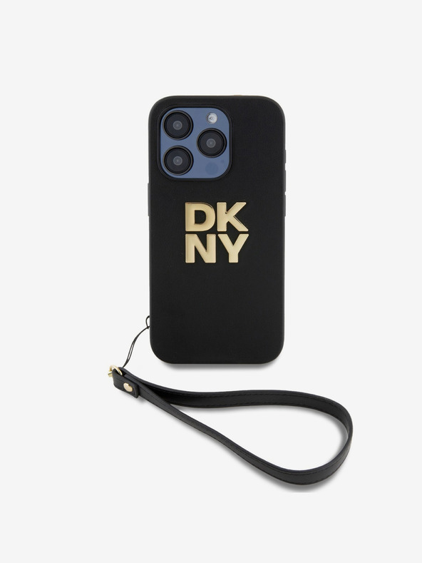 DKNY PU piele Stack Logo Wrist Strap Back Cover pentru iPhone 15 Pro Max negru DKNY