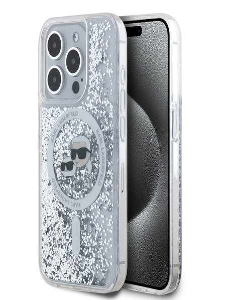 Karl Lagerfeld Karl Lagerfeld Liquid Glitter Karl and Choupette Heads MagSafe Back Cover pentru iPhone 15 Pro Transparent