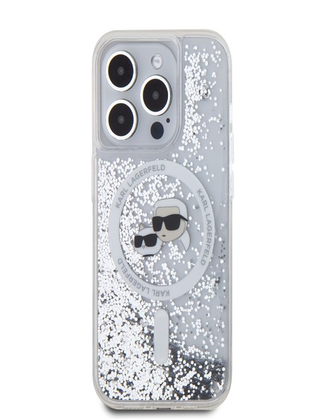 Karl Lagerfeld Karl Lagerfeld Liquid Glitter Karl and Choupette Heads MagSafe Back Cover pentru iPhone 15 Pro Transparent