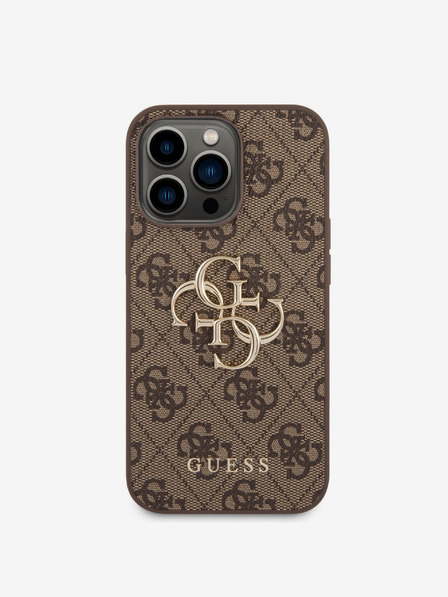 Guess PU 4G Metal Logo Zadní Kryt pro iPhone 14 Pro Brown Carcasa de telefon