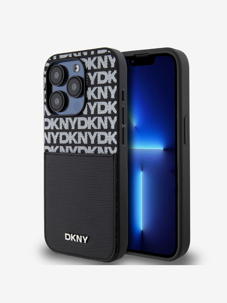 DKNY PU Leather Repeat Pattern Card Pocket Back Cover pentru iPhone 14 Pro negru DKNY