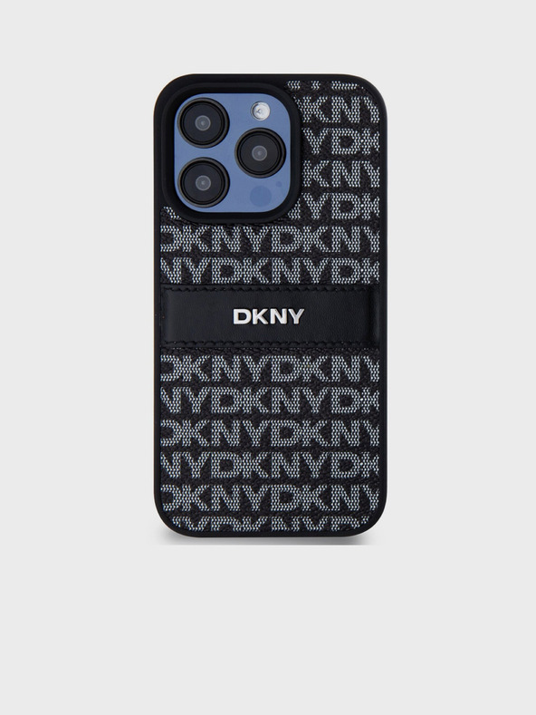 DKNY PU Leather Repeat Pattern Tonal Stripe Back Cover pentru iPhone 15 Pro negru DKNY