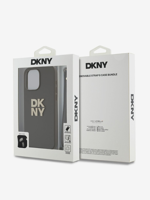DKNY PU piele Stack Logo Wrist Strap Back Cover pentru iPhone 15 Pro Max Brown DKNY